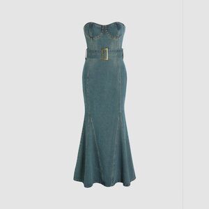 Cider Teal Strapless Denim Mermaid Dress